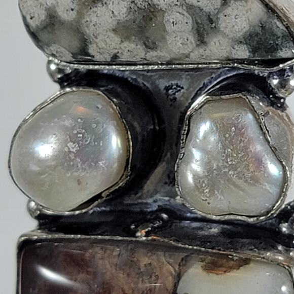 Handmade Silver Pendant With Fossil Coral, Pearl & Rare Petrified Wood Gemstones - Picture 3 of 10